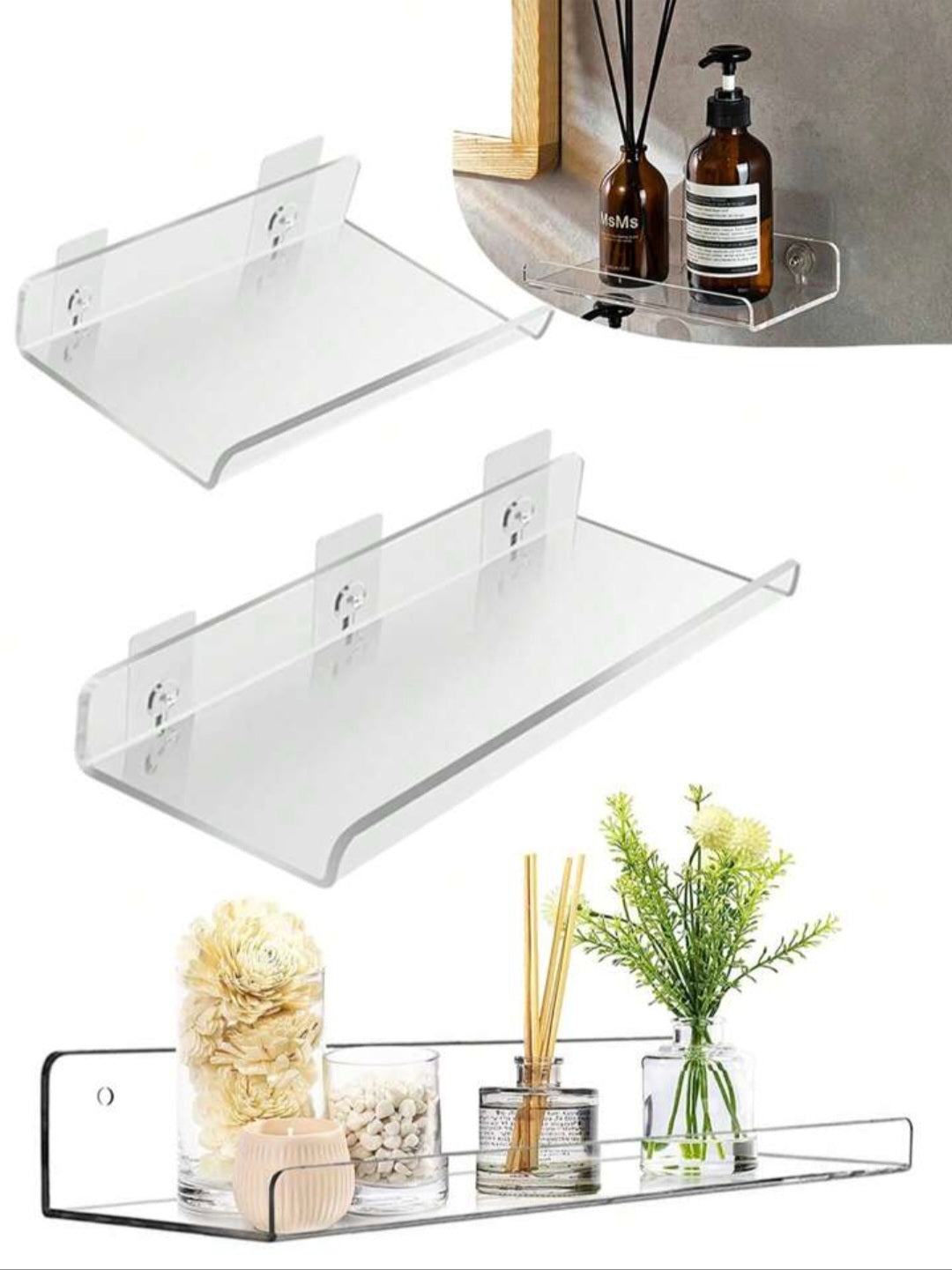 Clear Acrylic Floating Shelf Self Adhesive Storage Shelf For Wall Decoration Toys Bookshelf Bathroom Soap Dispenser Holder