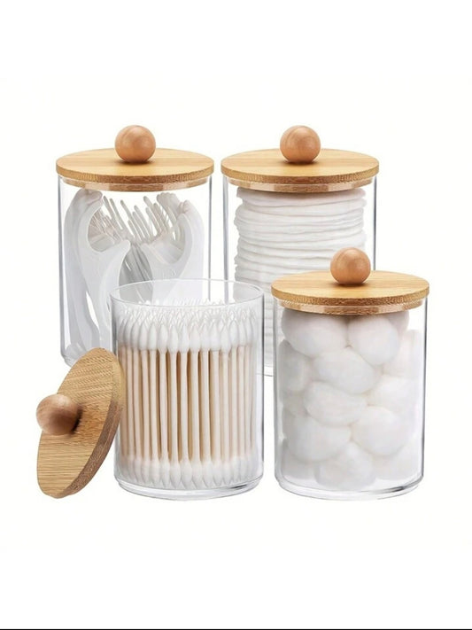 4pcs/Set Swab Dispenser With Bamboo Cover, Medicine Storage Box, Transparent Plastic Storage Container, Suitable For Bathroom Accessories Such As Dental Floss