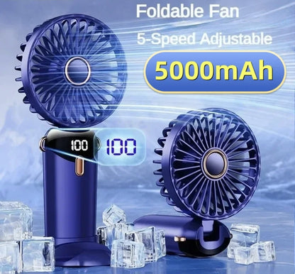 5000mAh Handheld Mini Fan Foldable Portable Neck Hanging Fans 5 Speed USB Rechargeable Fan with Phone Stand and Display Screen